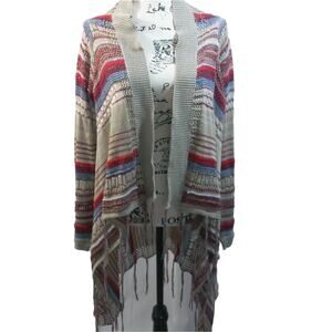 Woven Heart Open Front Sweater Cardigan Fringe Striped L